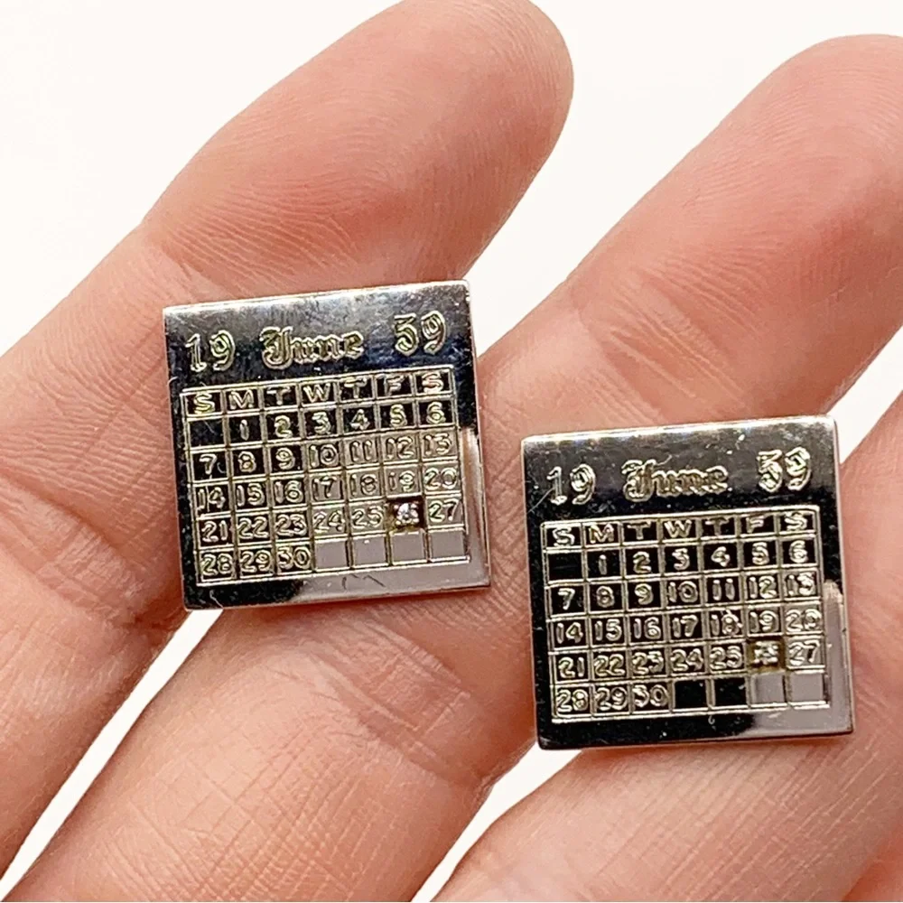 Vintage sterling silver diamond MCM birthdate calendar cuff links June 26 1969